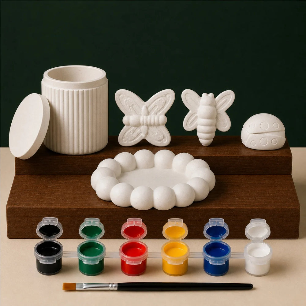 Ribbed Jar Bubble Nature Trio DIY plaster of paris painting kit for kids — unpainted pieces with six paint colours and a brush