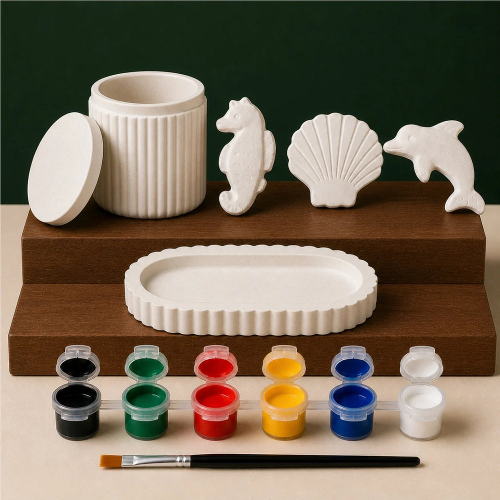 Ribbed Jar Oval Sea Trio DIY plaster of paris painting kit for kids — unpainted pieces with six paint colours and a brush