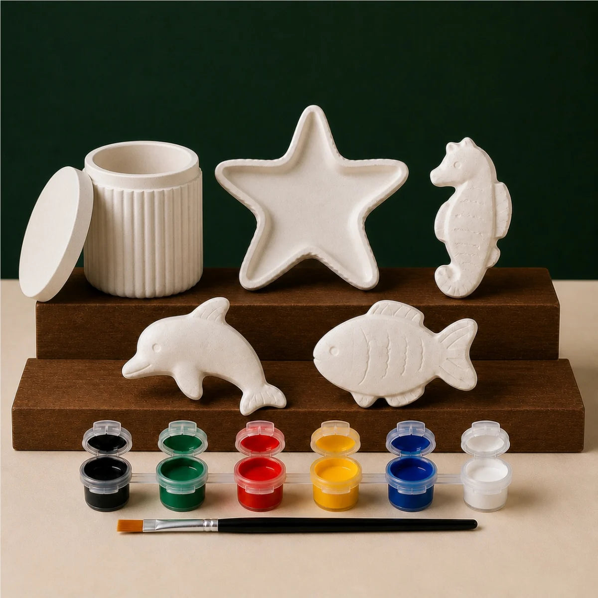 Ribbed Jar Starfish Sea Trio DIY plaster of paris painting kit for kids — unpainted pieces with six paint colours and a brush