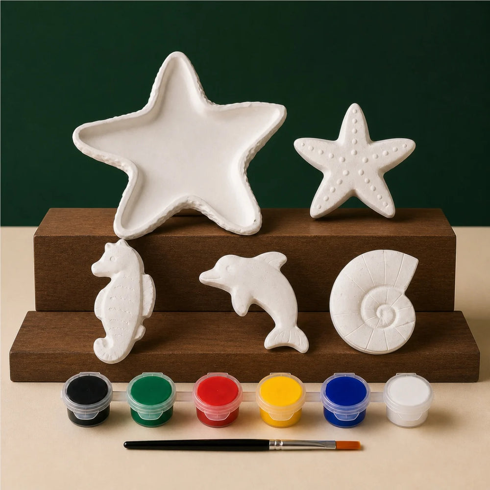 Starfish Tray Ocean Four DIY plaster of paris painting kit for kids — unpainted pieces with six paint colours and a brush