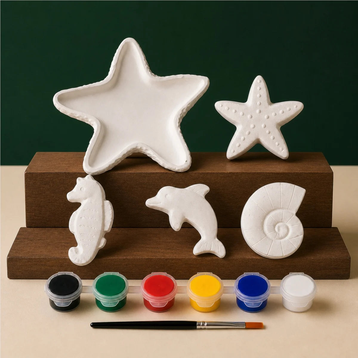 Starfish Tray Ocean Four DIY plaster of paris painting kit for kids — unpainted pieces with six paint colours and a brush