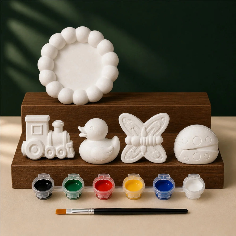 Bubble Tray Mixed Four DIY plaster of paris painting kit for kids — unpainted pieces with six paint colours and a brush