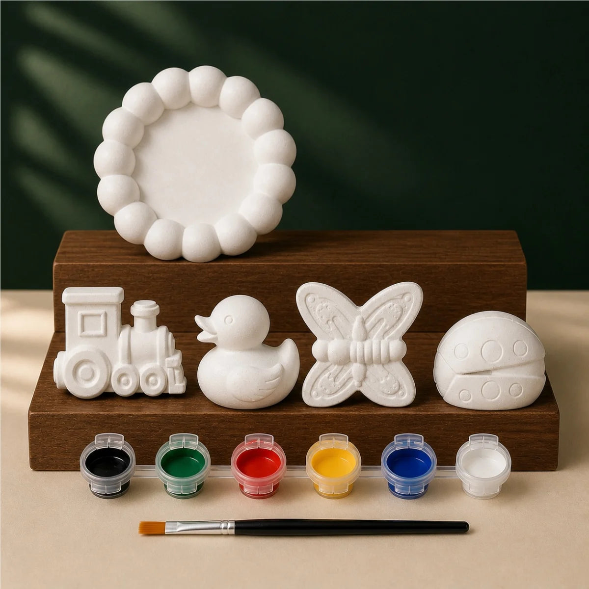 Bubble Tray Mixed Four DIY plaster of paris painting kit for kids — unpainted pieces with six paint colours and a brush