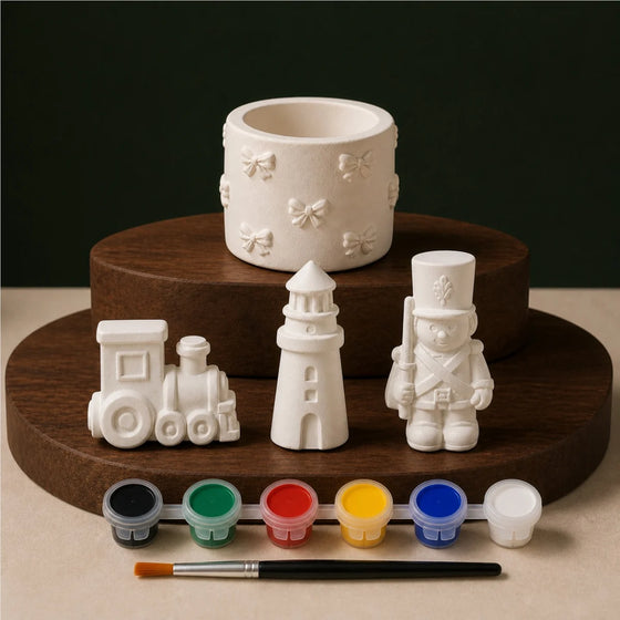 Bow Holder Desk Trio DIY plaster of paris painting kit for kids — unpainted pieces with six paint colours and a brush