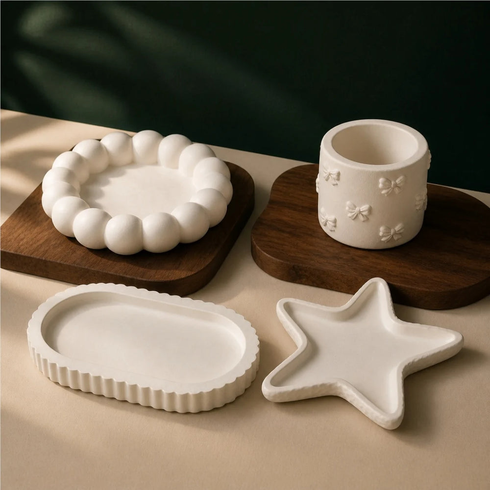 Four-Piece Organizer Set — handmade plaster of paris trays, jar and organizer cup in warm white