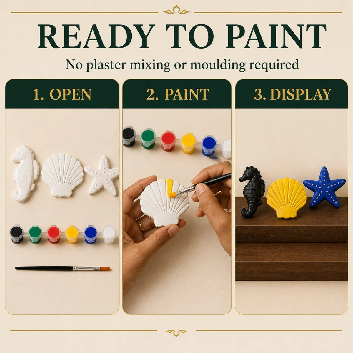The pieces being painted at a table