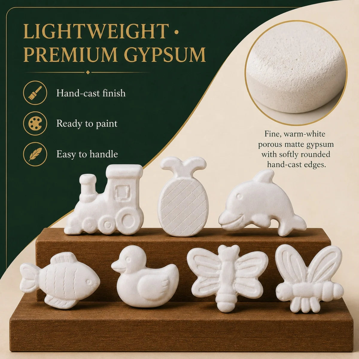 Close-up of the hand-cast plaster of paris and its warm-white matte finish