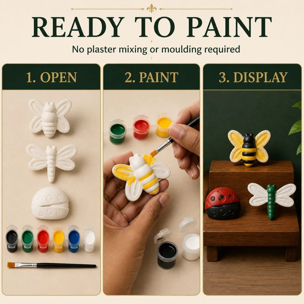 The pieces being painted at a table