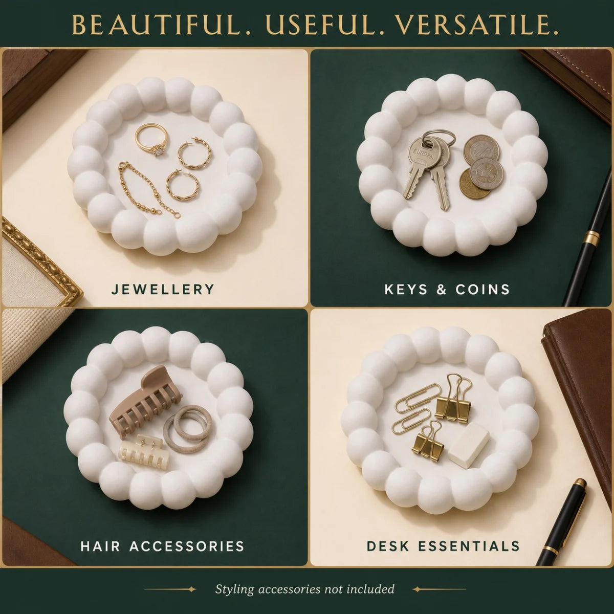 The pieces in use as desk and shelf decor