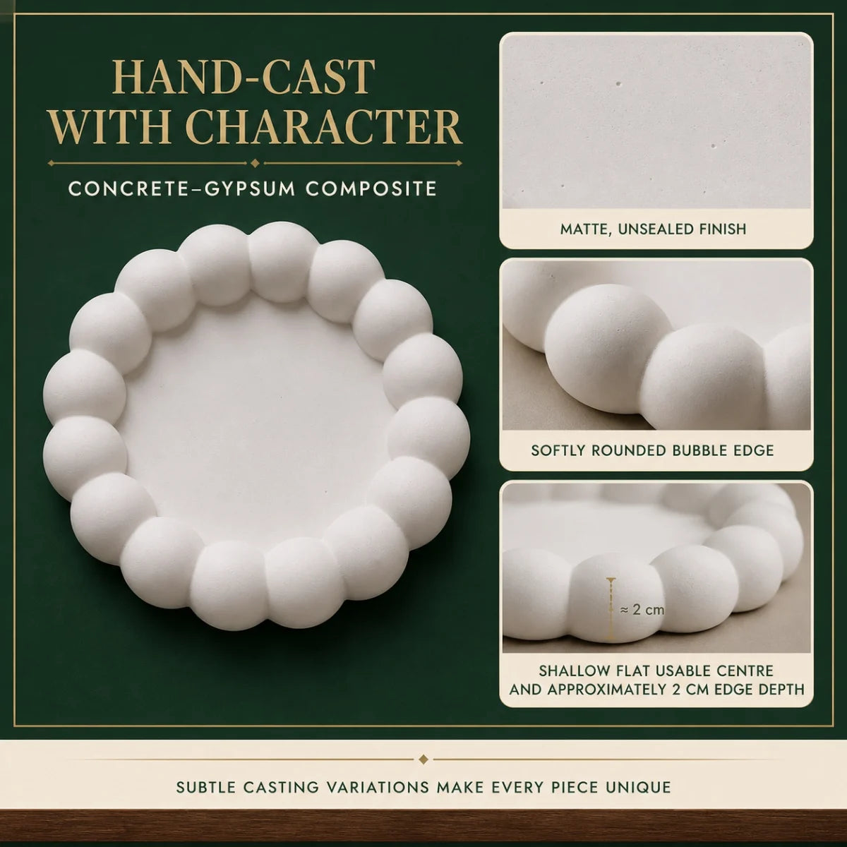 Close-up of the hand-cast plaster of paris and its warm-white matte finish