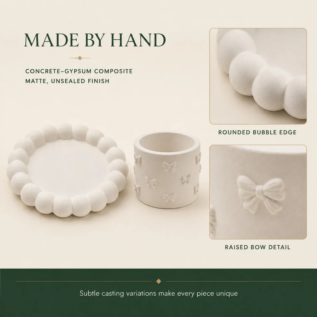 Close-up of the hand-cast plaster of paris and its warm-white matte finish