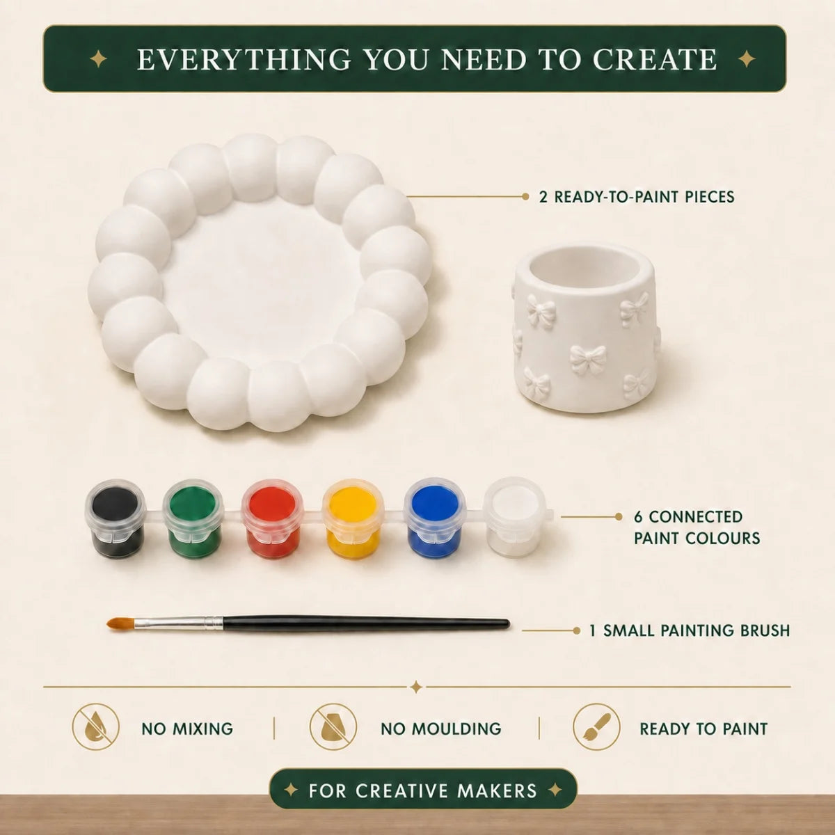 Everything included: the cast pieces, six paint colours and one brush