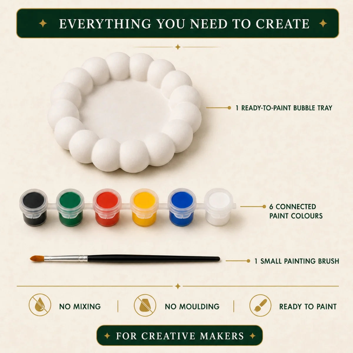 Everything included: the cast pieces, six paint colours and one brush