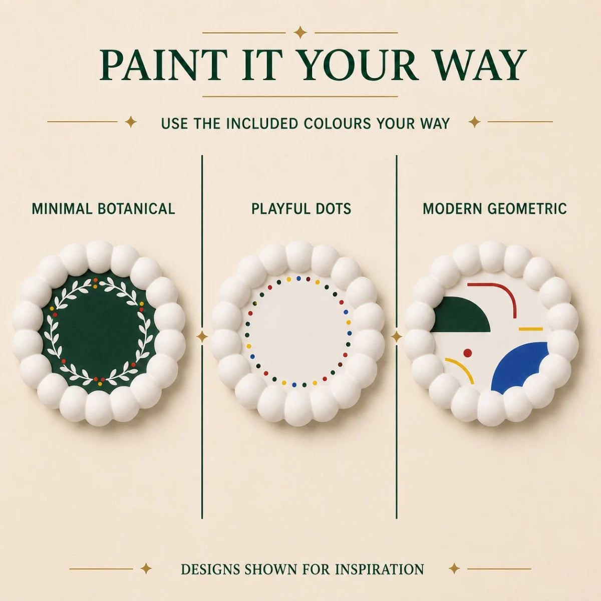 The pieces being painted at a table
