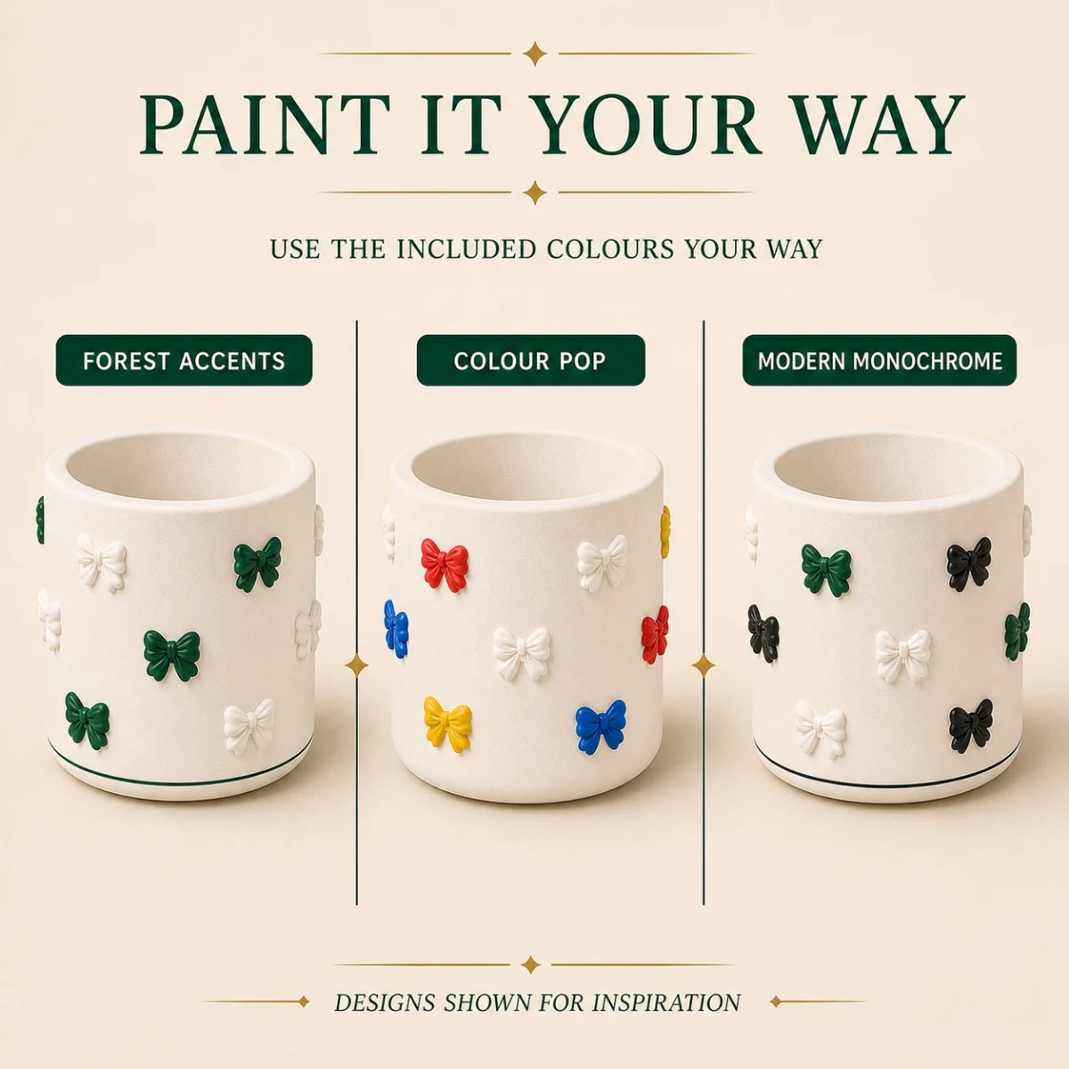 The pieces being painted at a table
