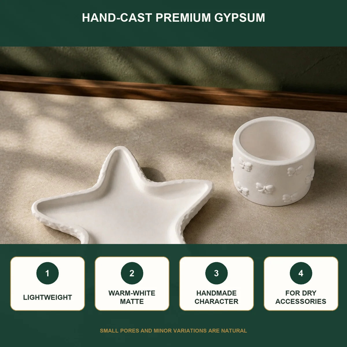 The pieces in use as desk and shelf decor