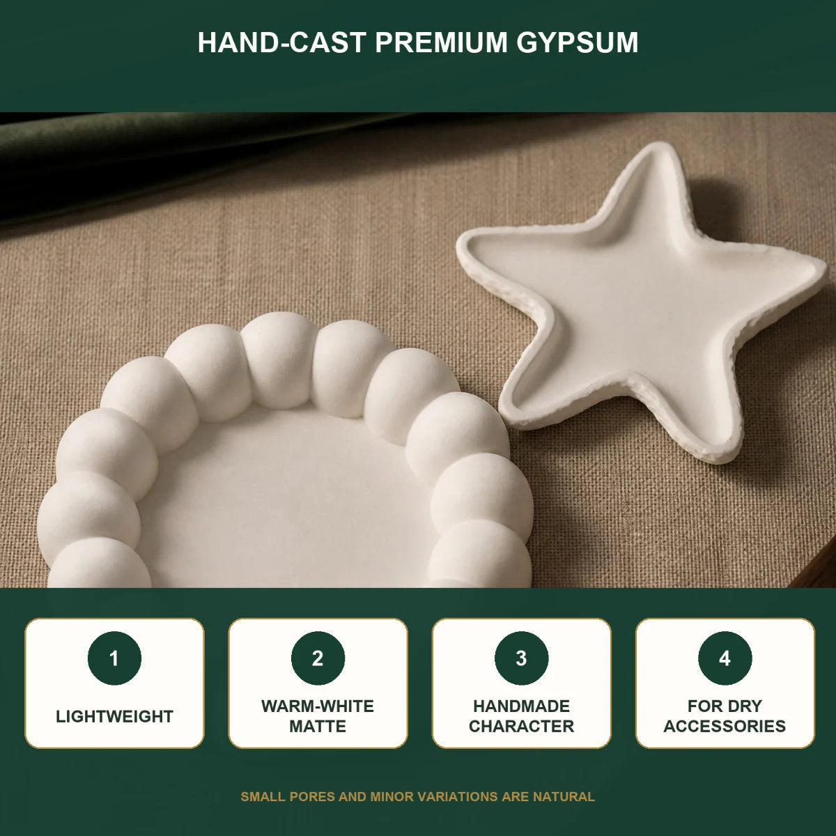 The pieces in use as desk and shelf decor