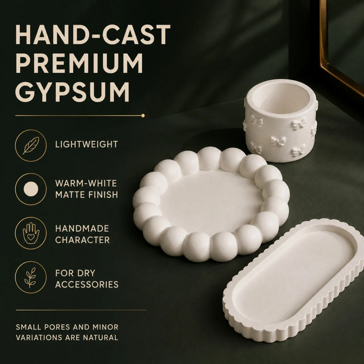 The pieces in use as desk and shelf decor