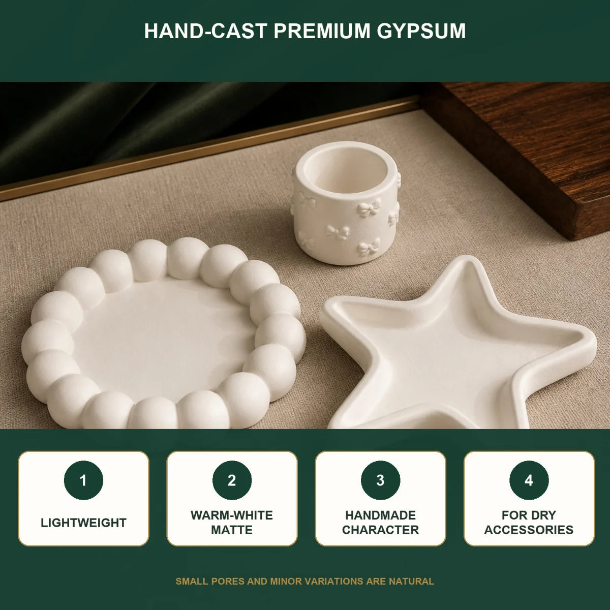 The pieces in use as desk and shelf decor