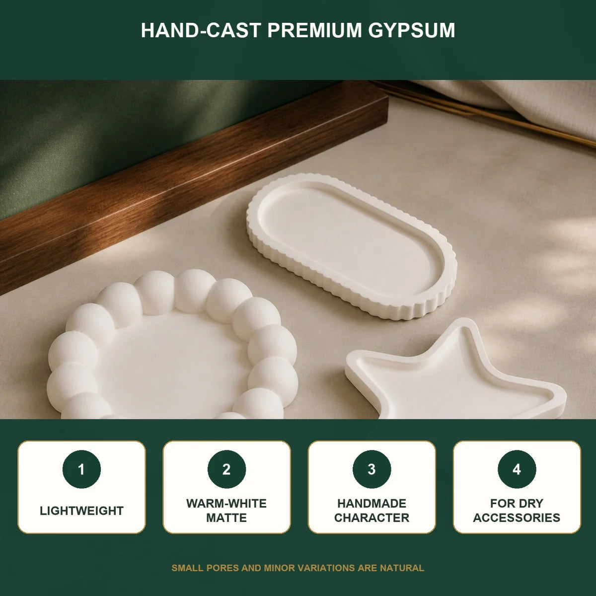 The pieces in use as desk and shelf decor