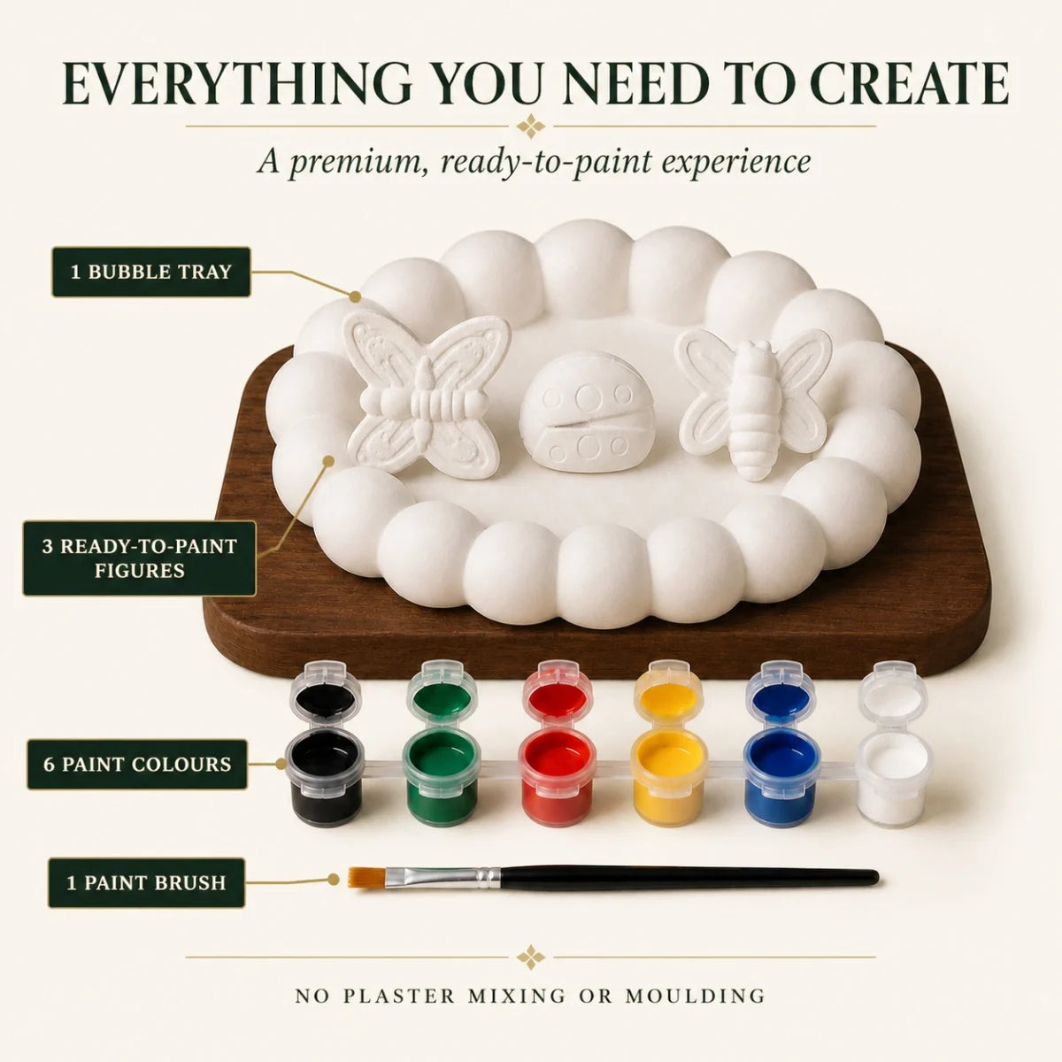 Everything included: the cast pieces, six paint colours and one brush