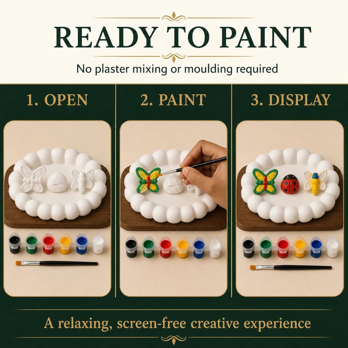 The pieces being painted at a table