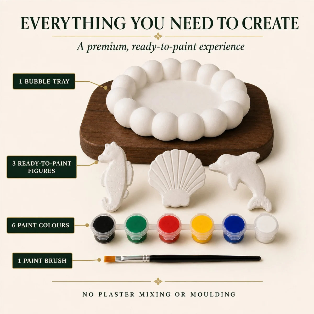 Everything included: the cast pieces, six paint colours and one brush