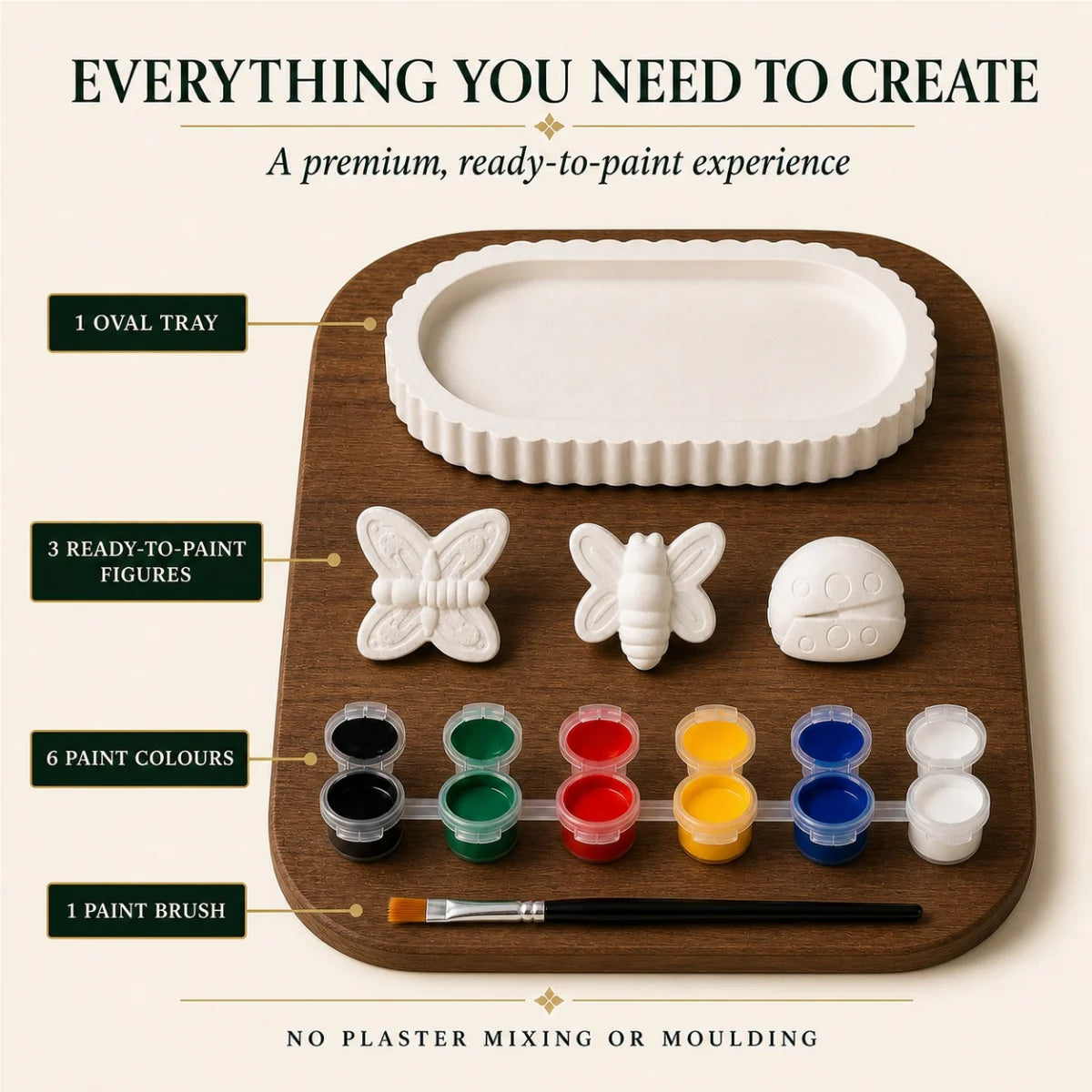 Everything included: the cast pieces, six paint colours and one brush