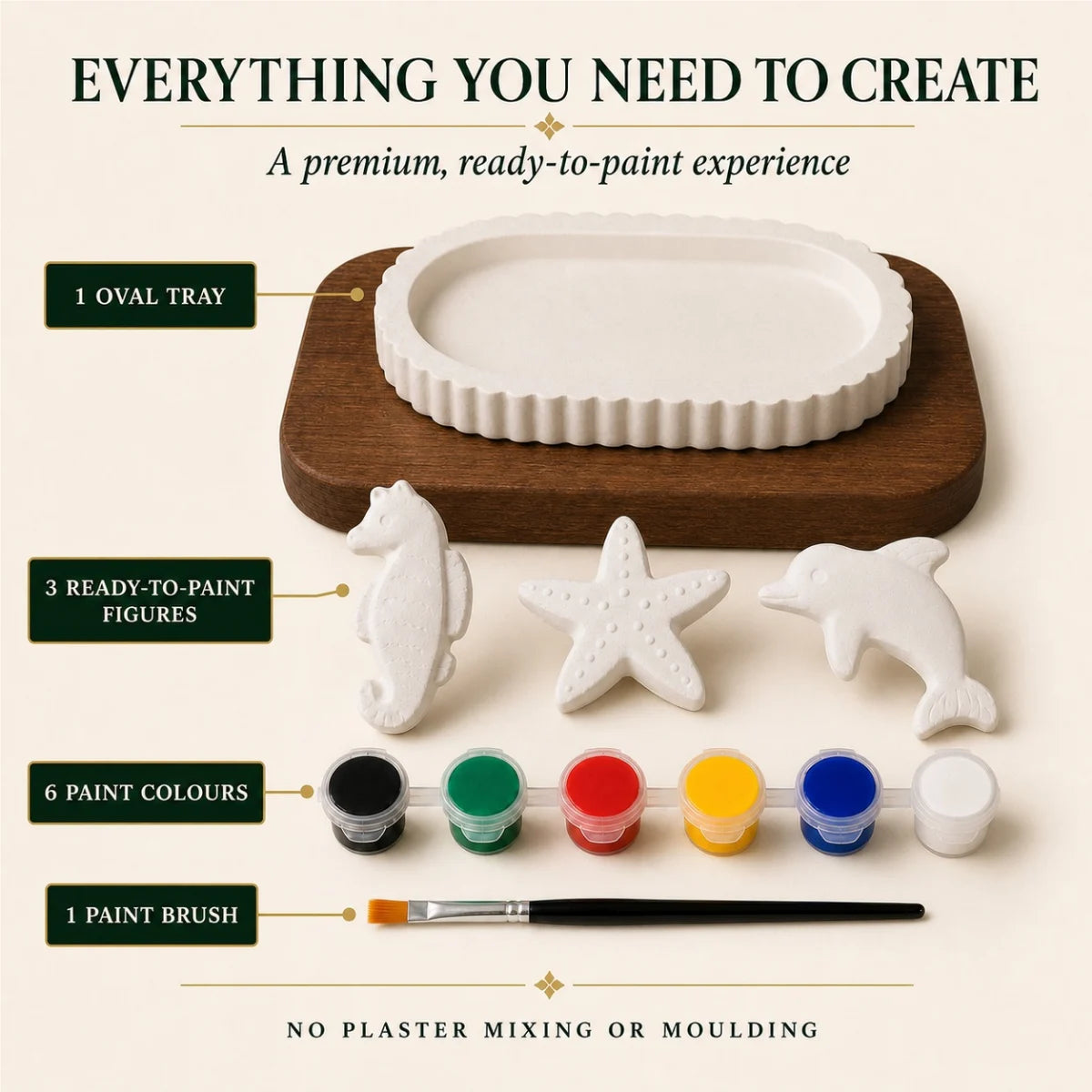 Everything included: the cast pieces, six paint colours and one brush