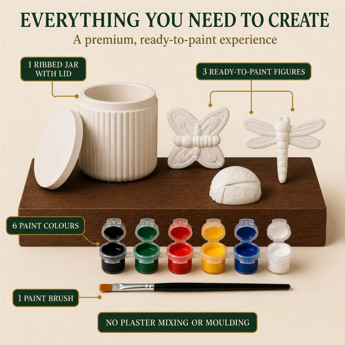 Everything included: the cast pieces, six paint colours and one brush