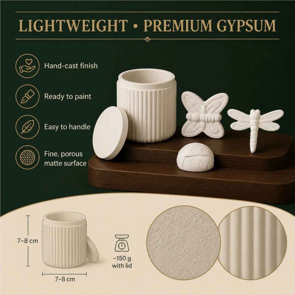 Close-up of the hand-cast plaster of paris and its warm-white matte finish