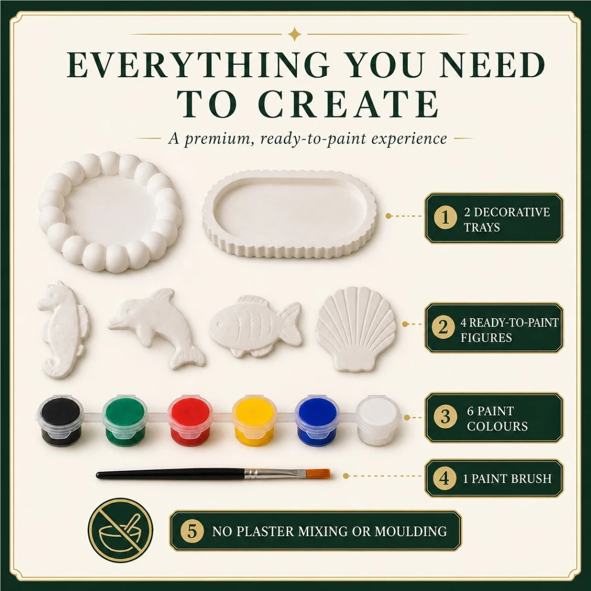 Everything included: the cast pieces, six paint colours and one brush