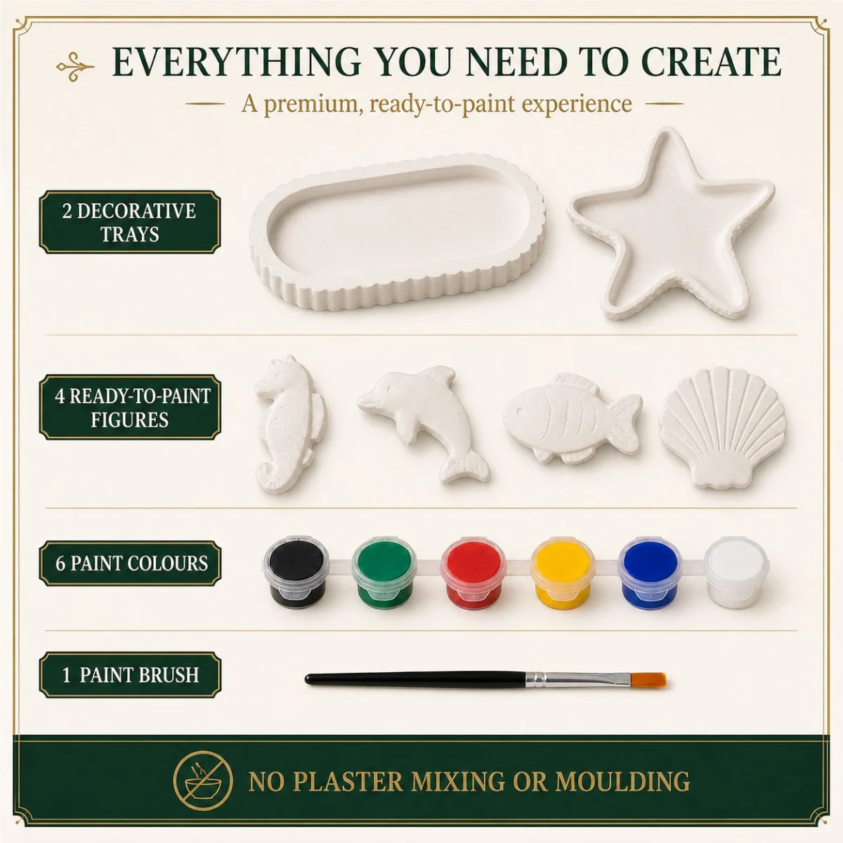 Everything included: the cast pieces, six paint colours and one brush