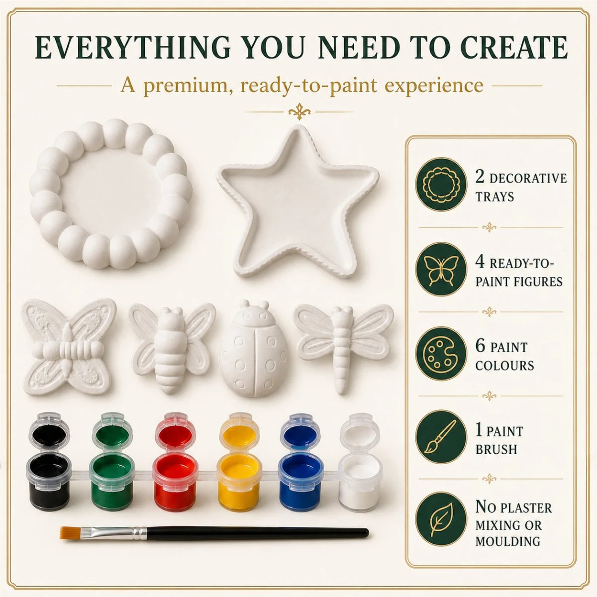 Everything included: the cast pieces, six paint colours and one brush