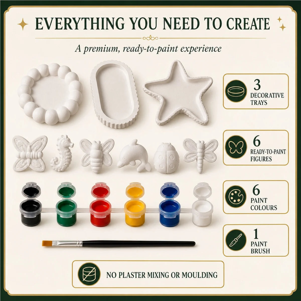 Everything included: the cast pieces, six paint colours and one brush