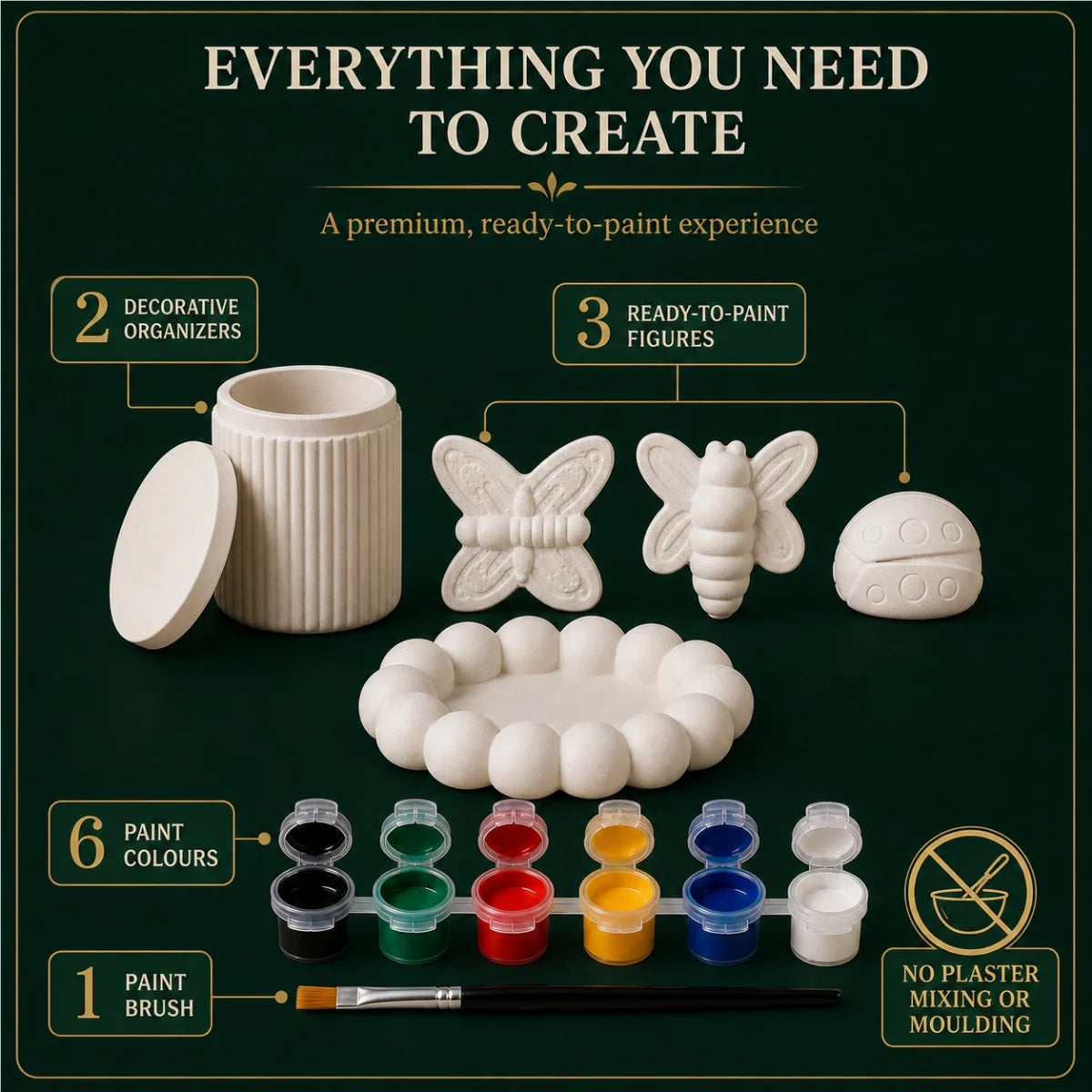 Everything included: the cast pieces, six paint colours and one brush