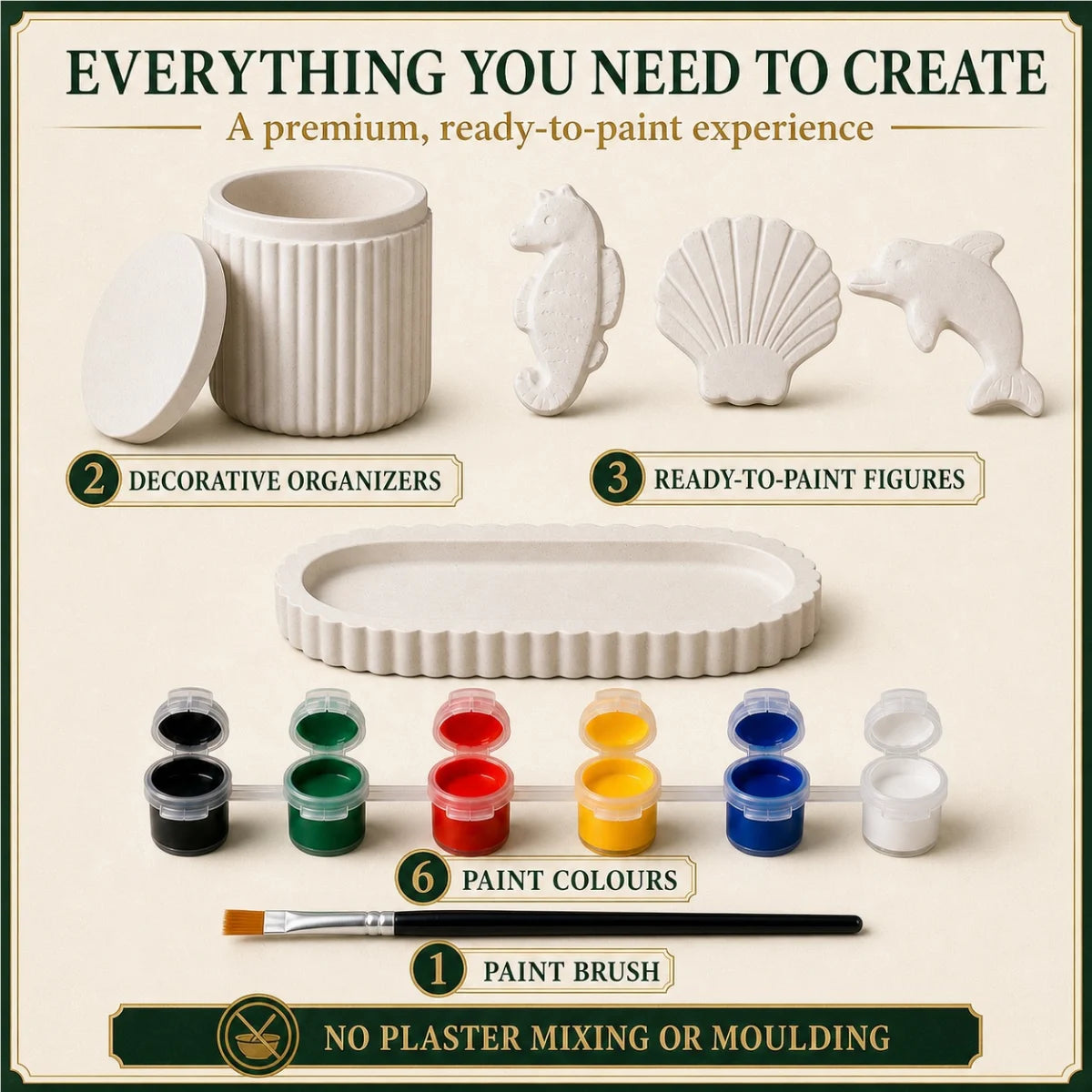 Everything included: the cast pieces, six paint colours and one brush