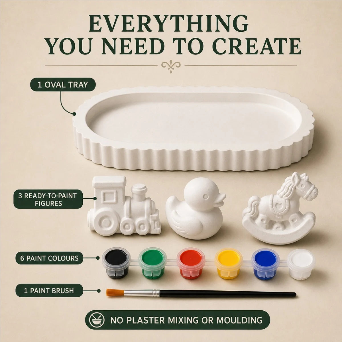 Everything included: the cast pieces, six paint colours and one brush