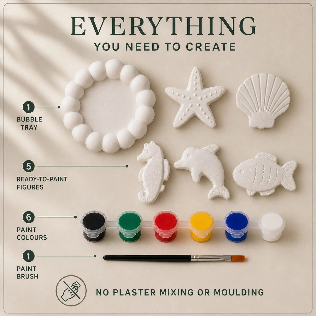 Everything included: the cast pieces, six paint colours and one brush