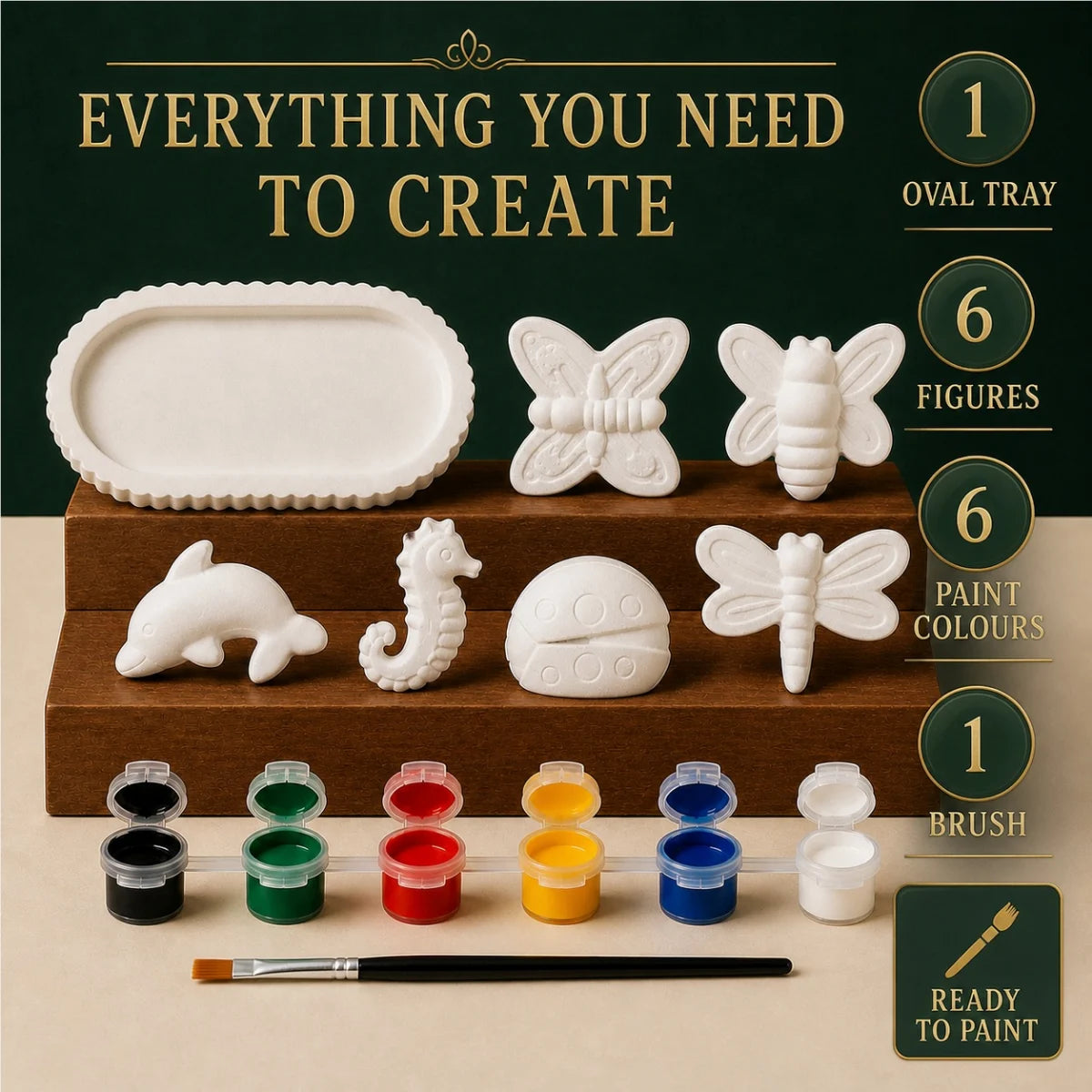 Everything included: the cast pieces, six paint colours and one brush