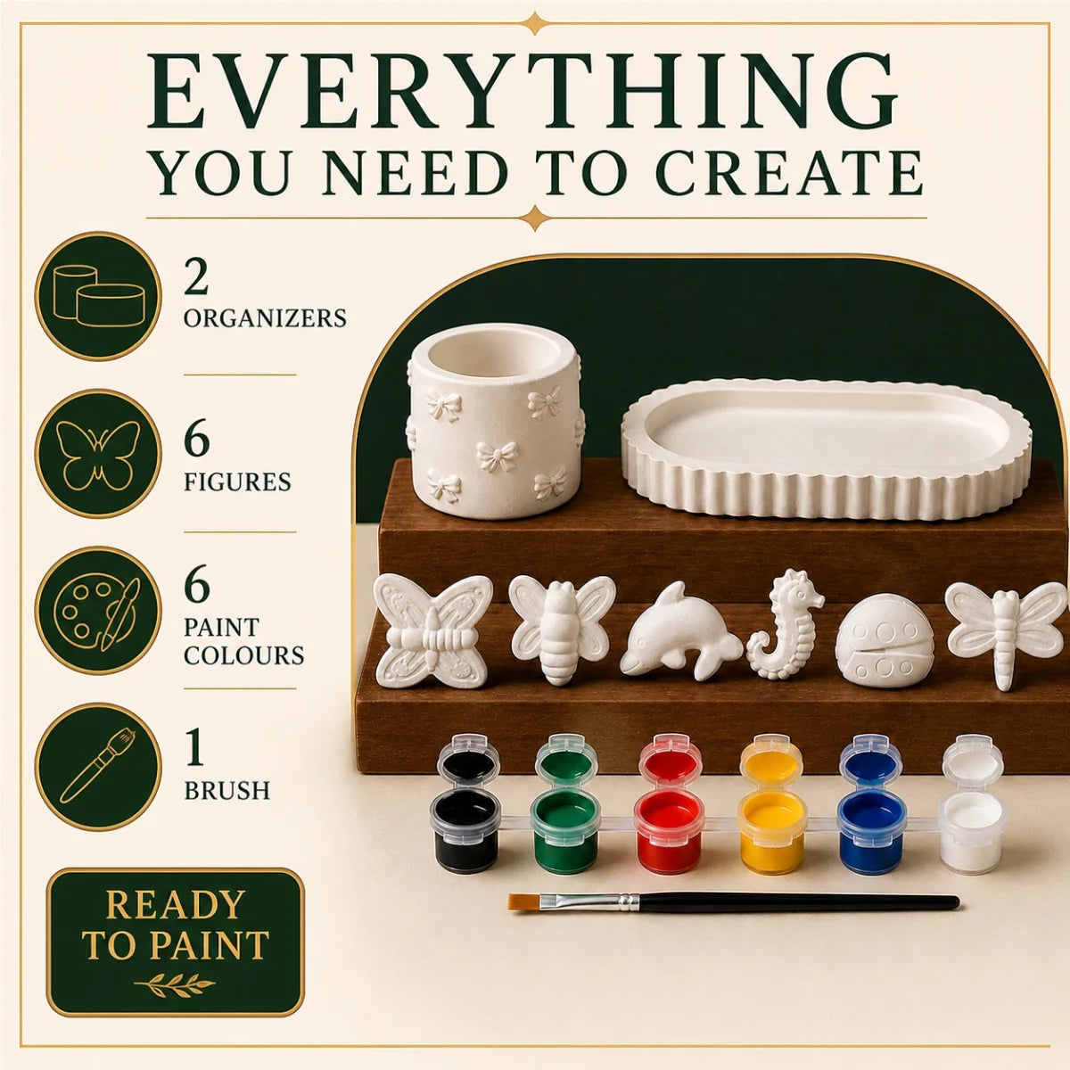 Everything included: the cast pieces, six paint colours and one brush