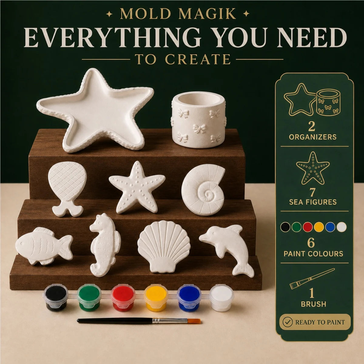 Everything included: the cast pieces, six paint colours and one brush