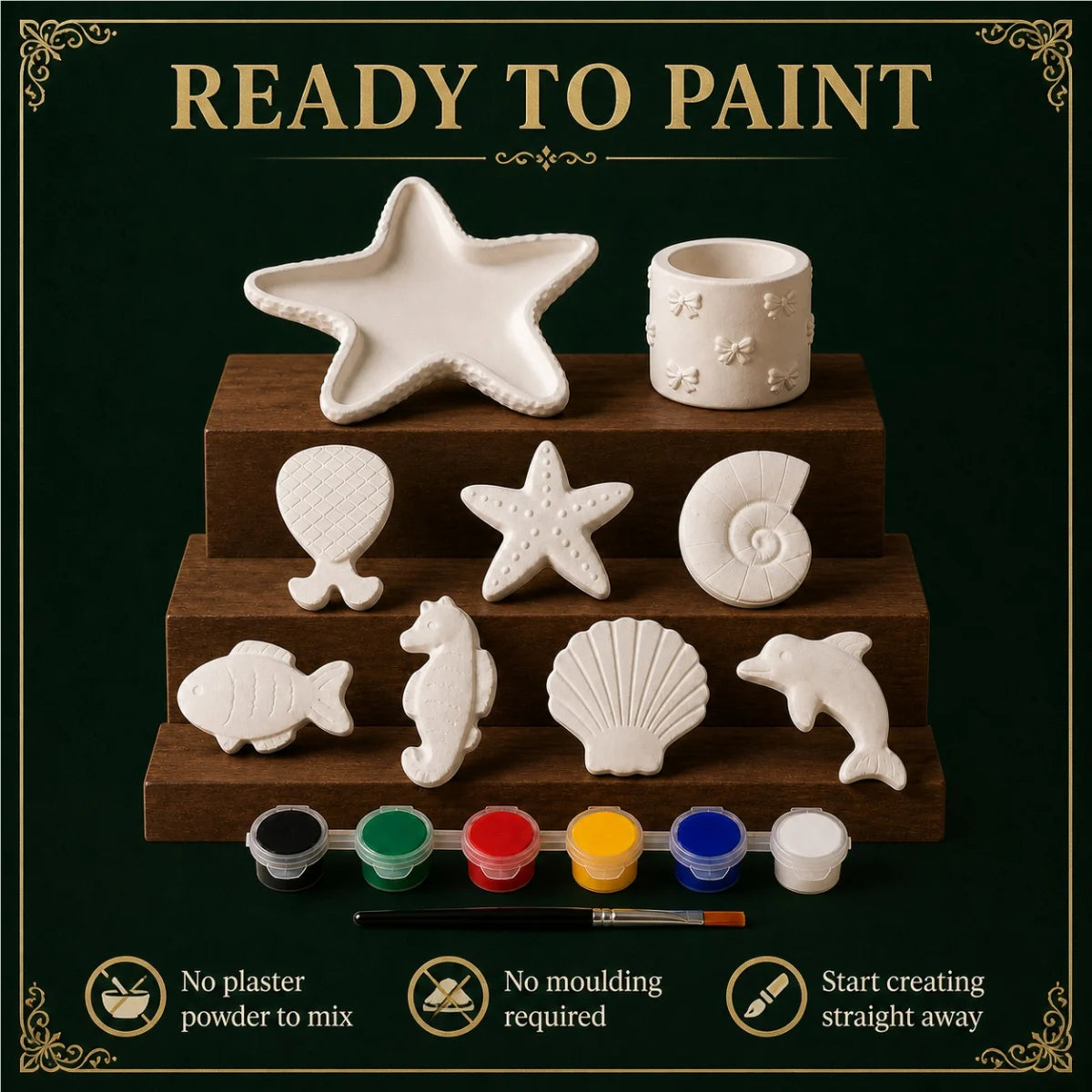The pieces being painted at a table